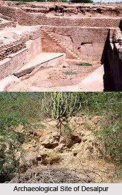 Excavated walls and steps at the Harappan site of Desalpar, above a view of the mound