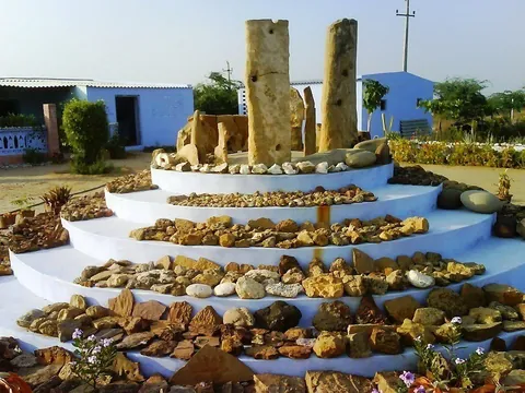 Outdoor display of fossil stones and petrified wood arranged on white tiers at Kutch Fossil Park