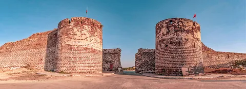 Round stone bastions and walls of Lakhpat fort