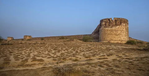 The long fort wall and a round bastion of Lakhpat in dry scrubland